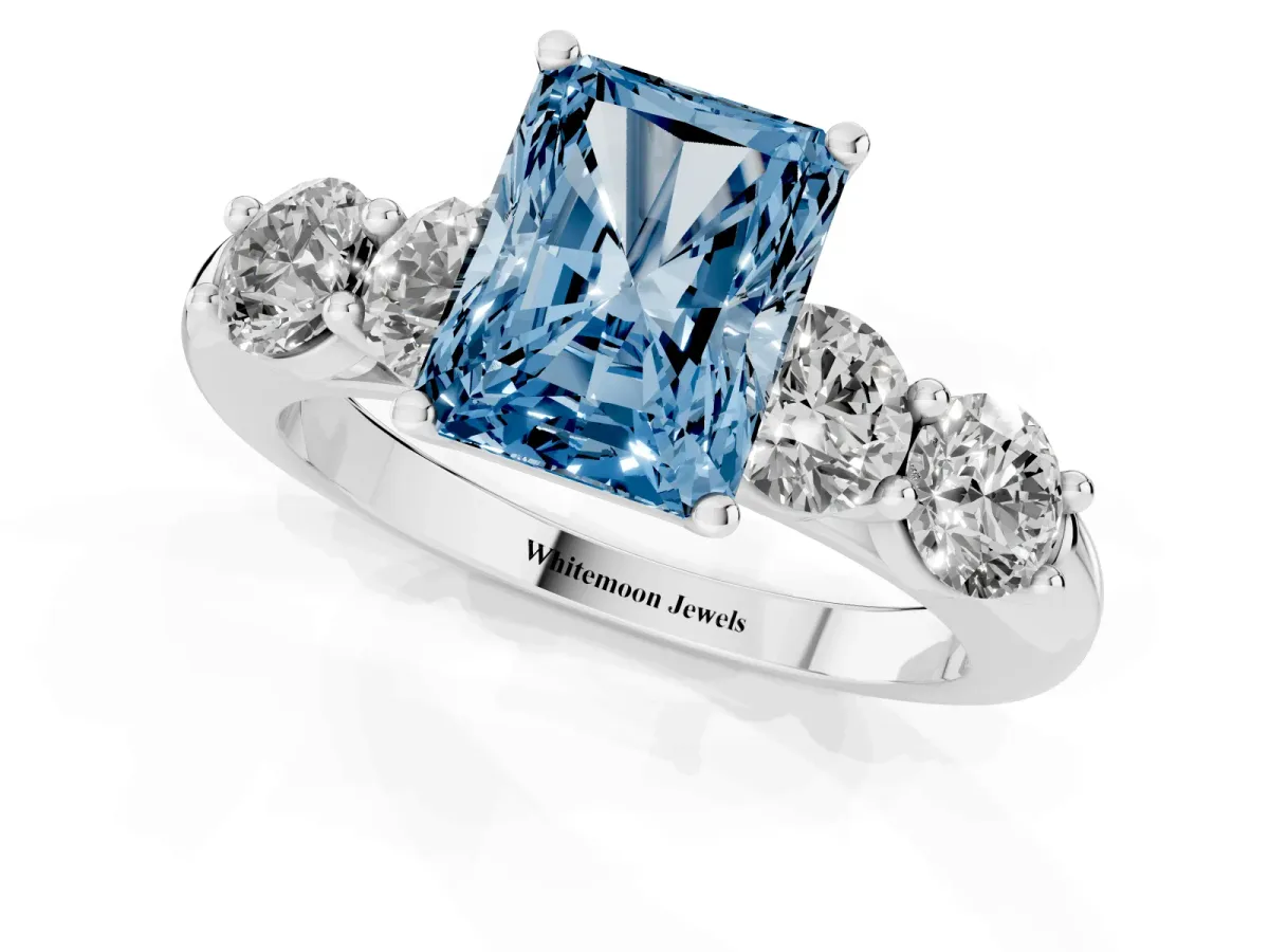 Fancy Blue Radiant Cut Cut Five-Stone Prong Set Diamond Ring with Classic Band Silver