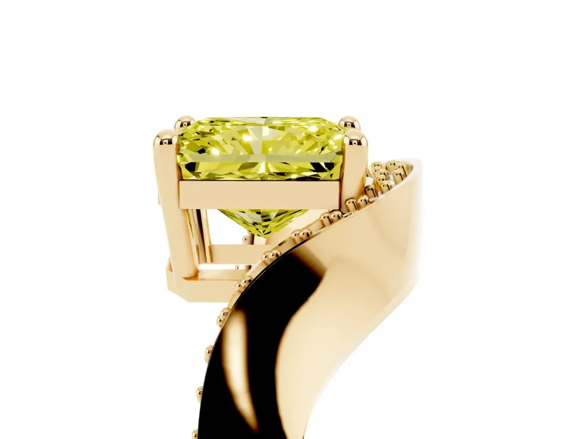 Fancy Yellow Radiant Cut Solitaire Diamond Engagement Ring with Pave Band and Four-Prong Setting Yellow gold