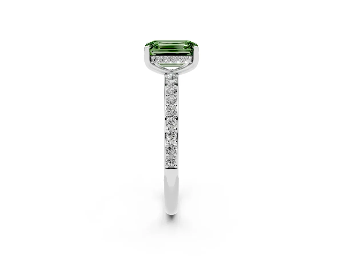 Fancy Green Emerald Cut Cut Diamond Pavé Band Ring with Four-Prong Setting Silver
