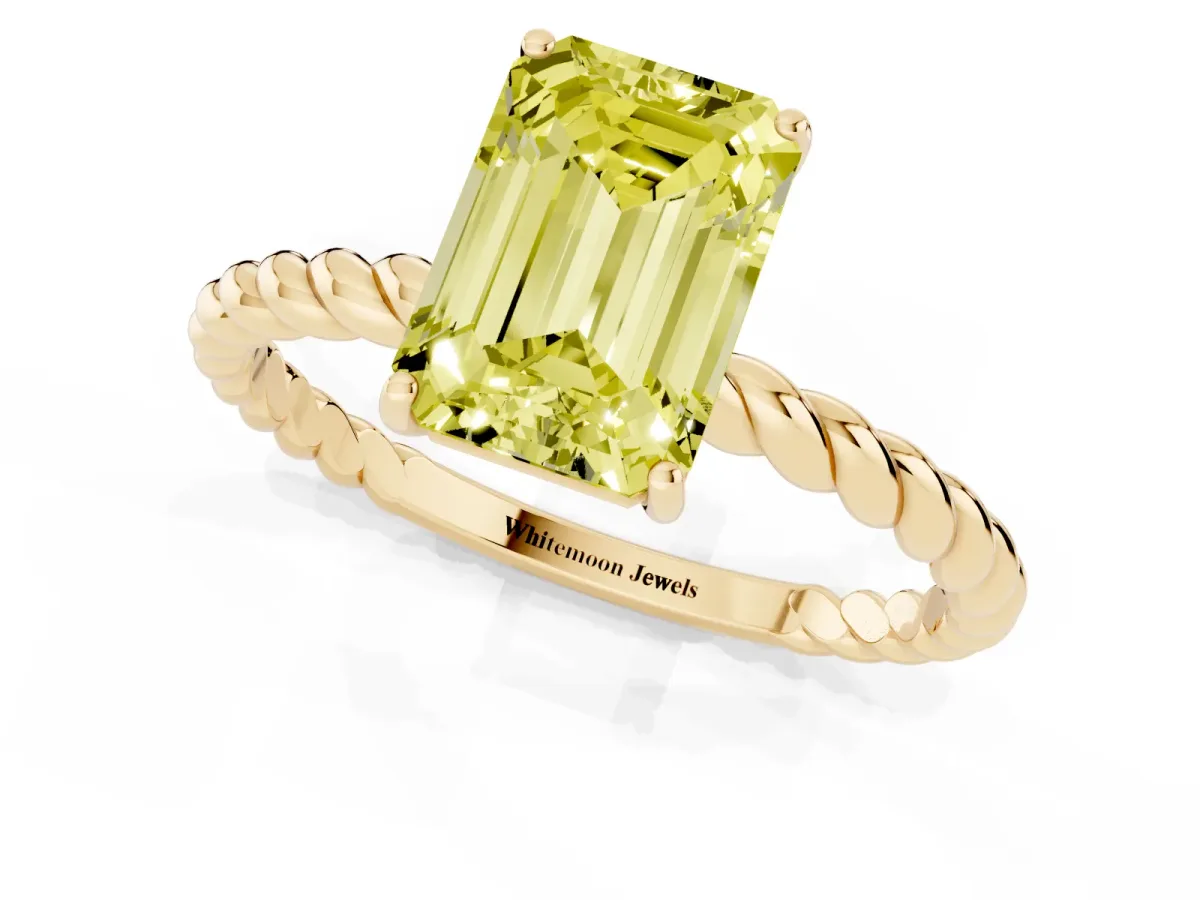 Fancy Yellow Emerald Cut Solitaire Twisted Band 4-Prong Ring Yellow gold