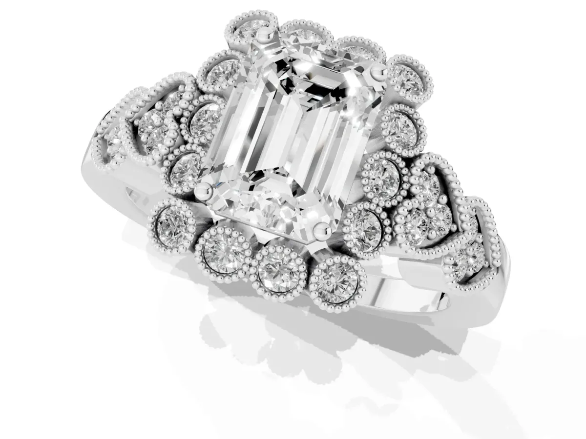 Emerald Cut Brilliant Milgrain Pave Heart Band Solitaire Ring Silver