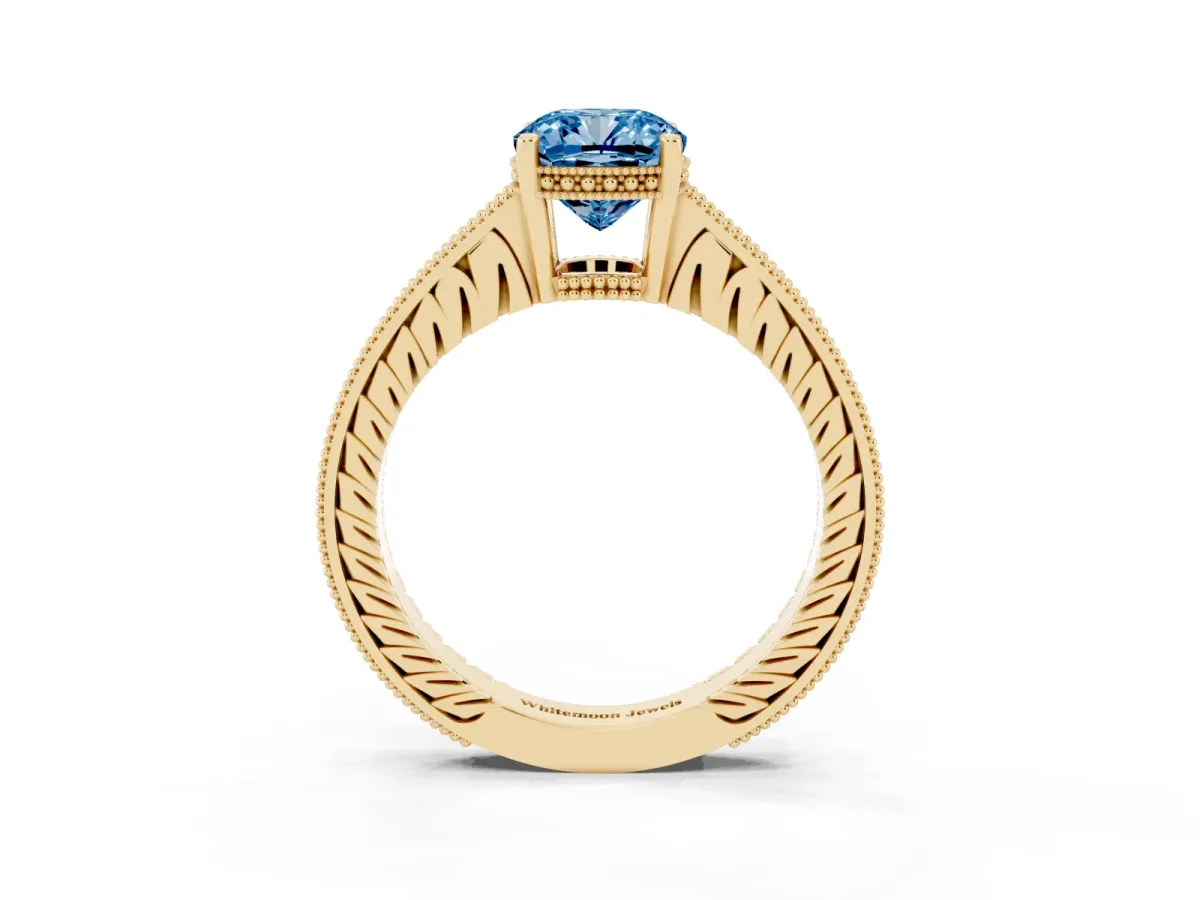 Fancy Blue Cushion Cut Solitaire Pavé Diamond Milgrain Engagement Ring with Four-Prong Setting Yellow gold