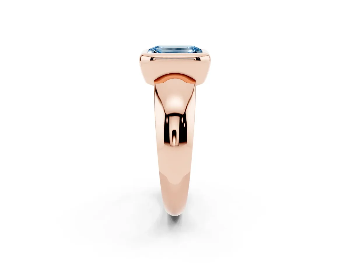 Fancy Blue Bezel Set Emerald Cut Solitaire Ring with Wide Band Rose gold