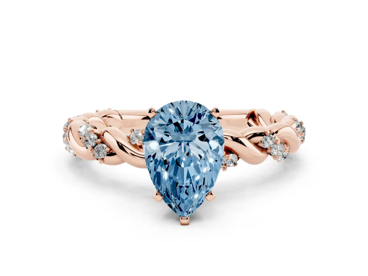 Fancy Blue Pear Cut Diamond Solitaire Ring with Twisted Band and Pavé Accents Rose gold