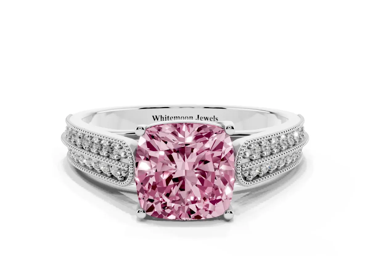 Fancy Pink Cushion Cut Cut Pave Split Shank Engagement Ring with Four-Prong Setting White gold