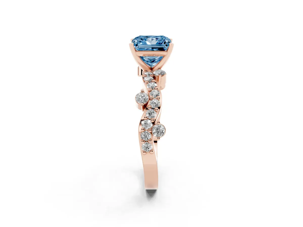 Fancy Blue Princess Cut Cut Solitaire Diamond Twisted Band with Pave Setting Rose gold