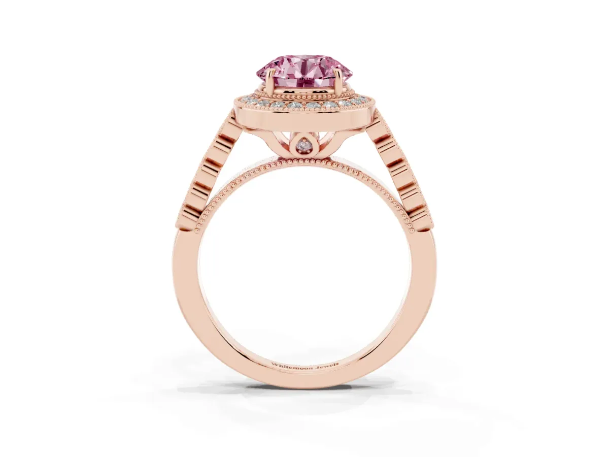Fancy Pink Round Cut Halo Milgrain Solitaire with Bezel Set Side Stones and Pave Band Rose gold