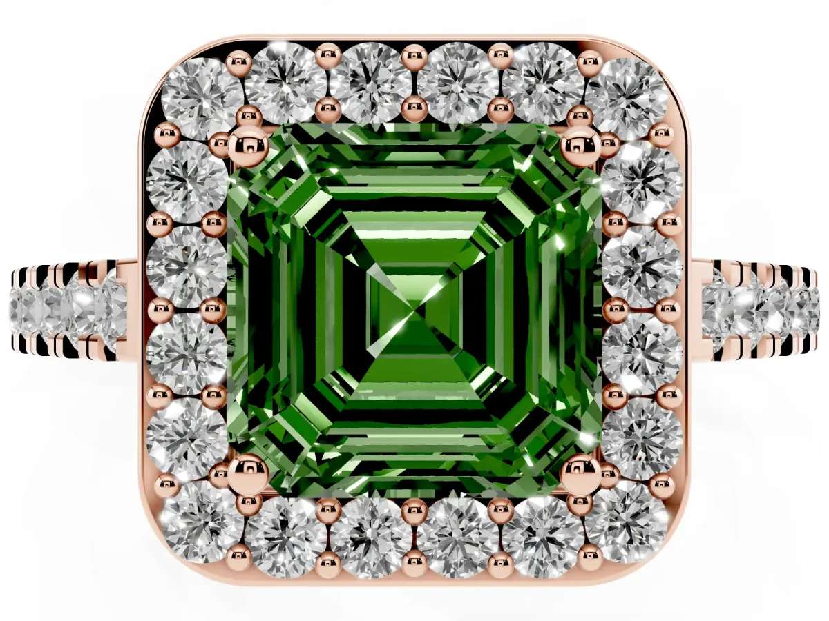Fancy Green Asscher Cut Diamond Halo Ring with Round Pavé Split Shank and Prong Setting Rose gold