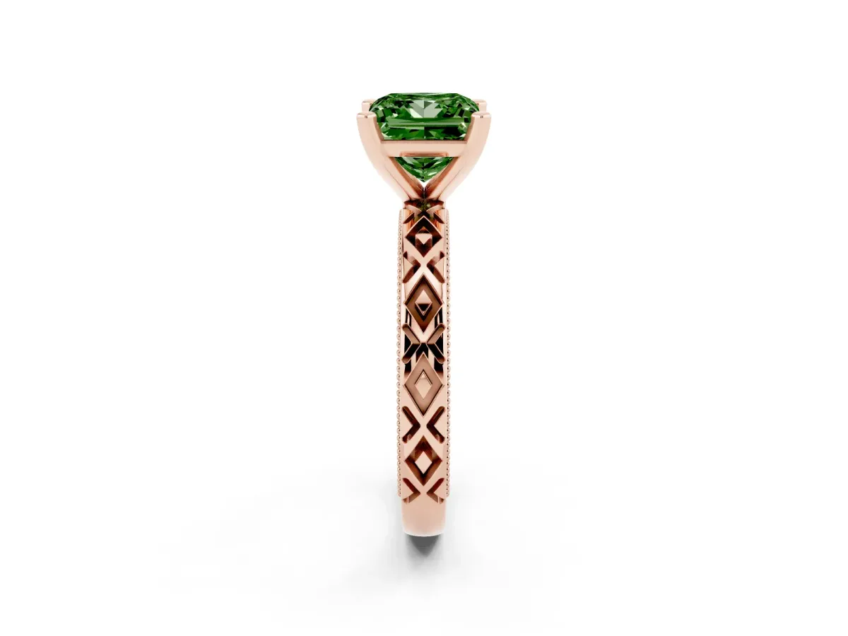 Fancy Green Princess Cut Solitaire Diamond Ring with Milgrain and Black Enamel X Pattern Band Rose gold
