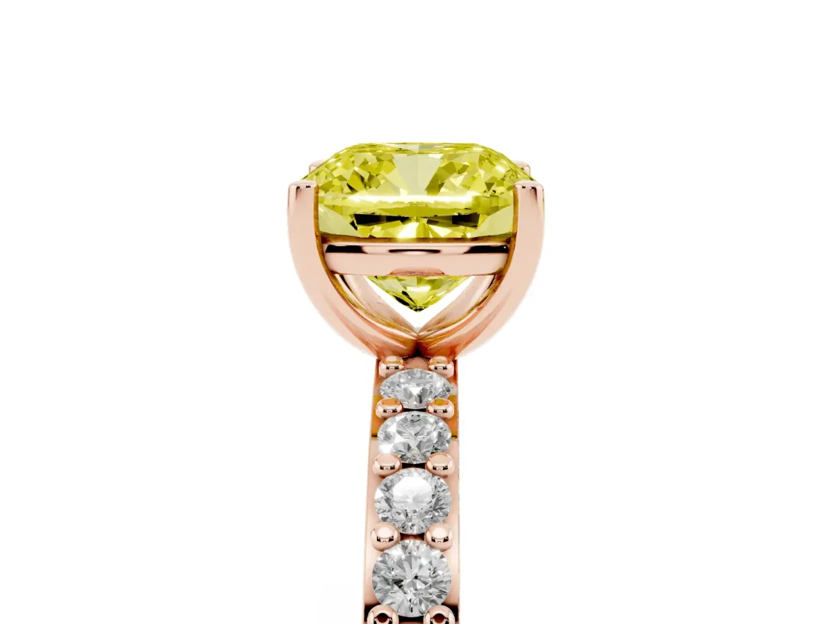 Fancy Yellow Cushion Cut Cut Diamond Solitaire with Pave Band and Four-Prong Setting Rose gold