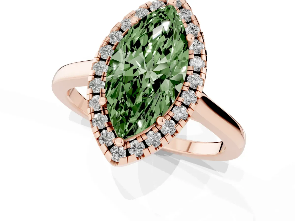 Fancy Green Marquise Cut Halo Round Diamond Solitaire Ring with Pavé Band and Four-Prong Setting Rose gold