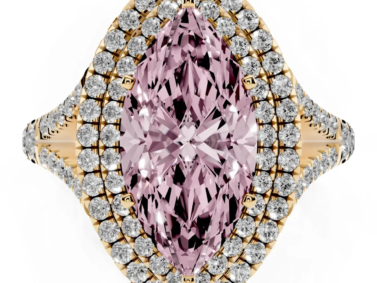 Fancy Pink Marquise Cut Diamond Pavé Split Shank Double Halo Engagement Ring Yellow gold