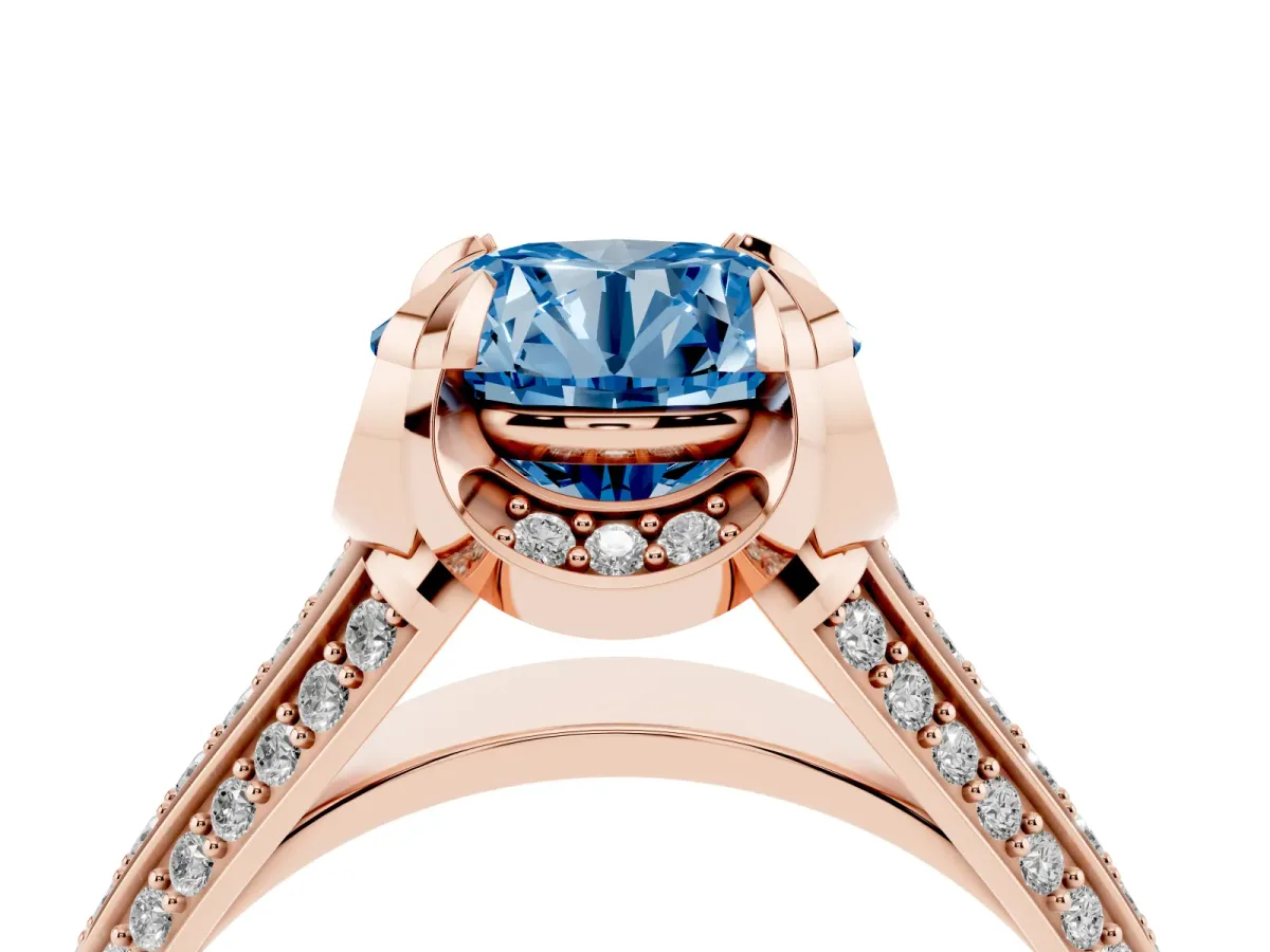 Fancy Blue Round Cut Solitaire Pave Split Shank Ring with Four-Prong Setting Rose gold