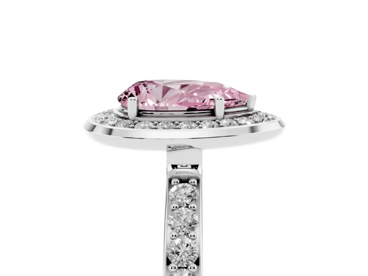 Fancy Pink Pear Cut Diamond Halo Ring with Bezel Frame and Pavé Band Silver