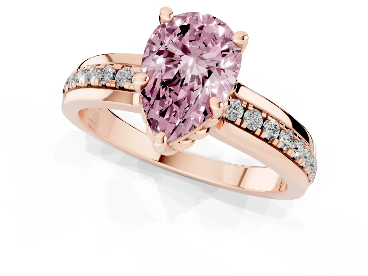 Fancy Pink Pear Cut Solitaire Diamond Ring with Channel Set Band and Six-Prong Setting Rose gold
