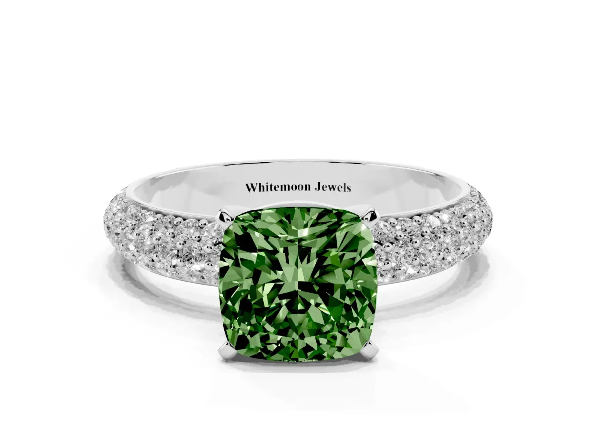 Fancy Green Cushion Cut Diamond Solitaire Ring with Prong Setting and Pavé Band Silver