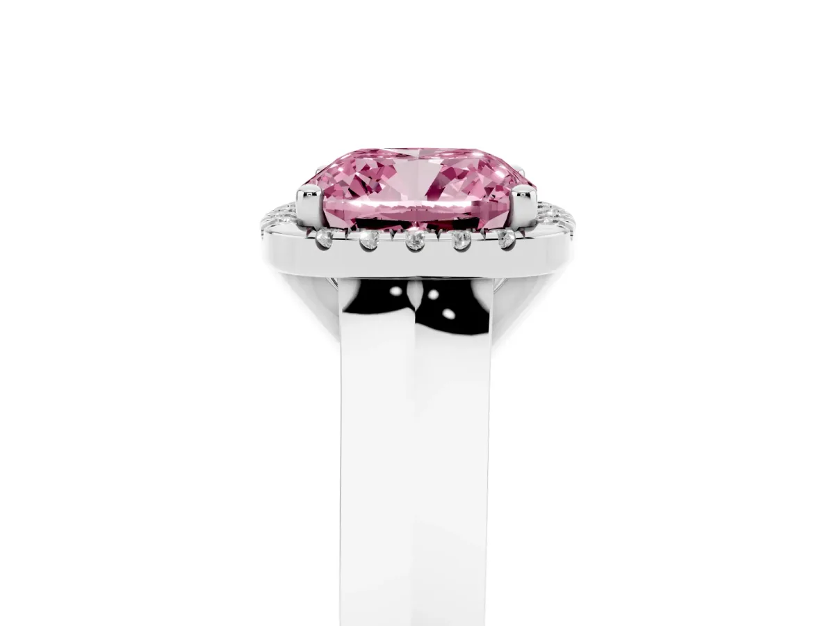 Fancy Pink Cushion Cut Halo Diamond Ring with Cathedral Band and Four-Prong Setting Silver