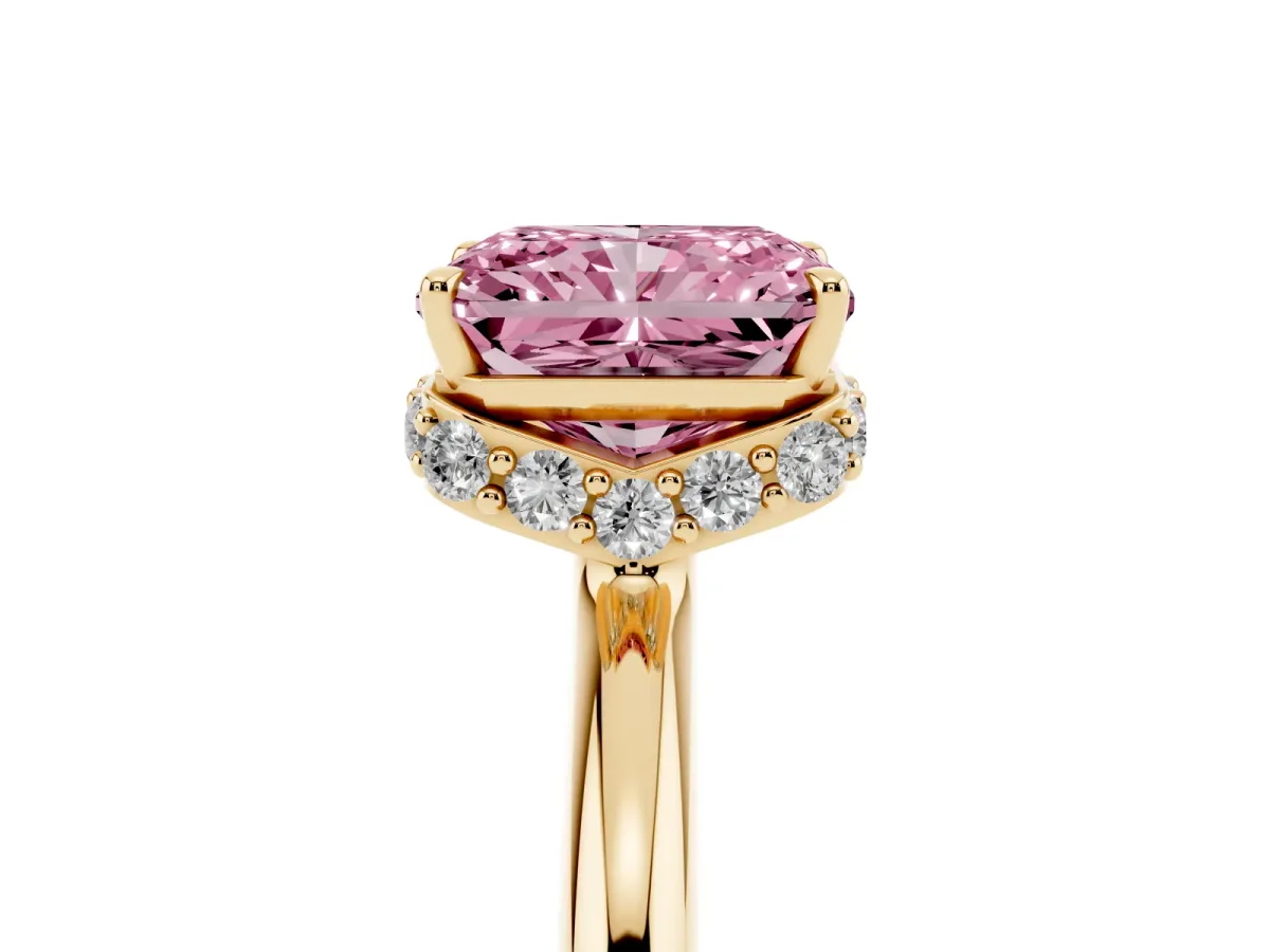 Fancy Pink Radiant Cut Brilliant Solitaire Engagement Ring with Six-Prong Setting and Classic Band Yellow gold
