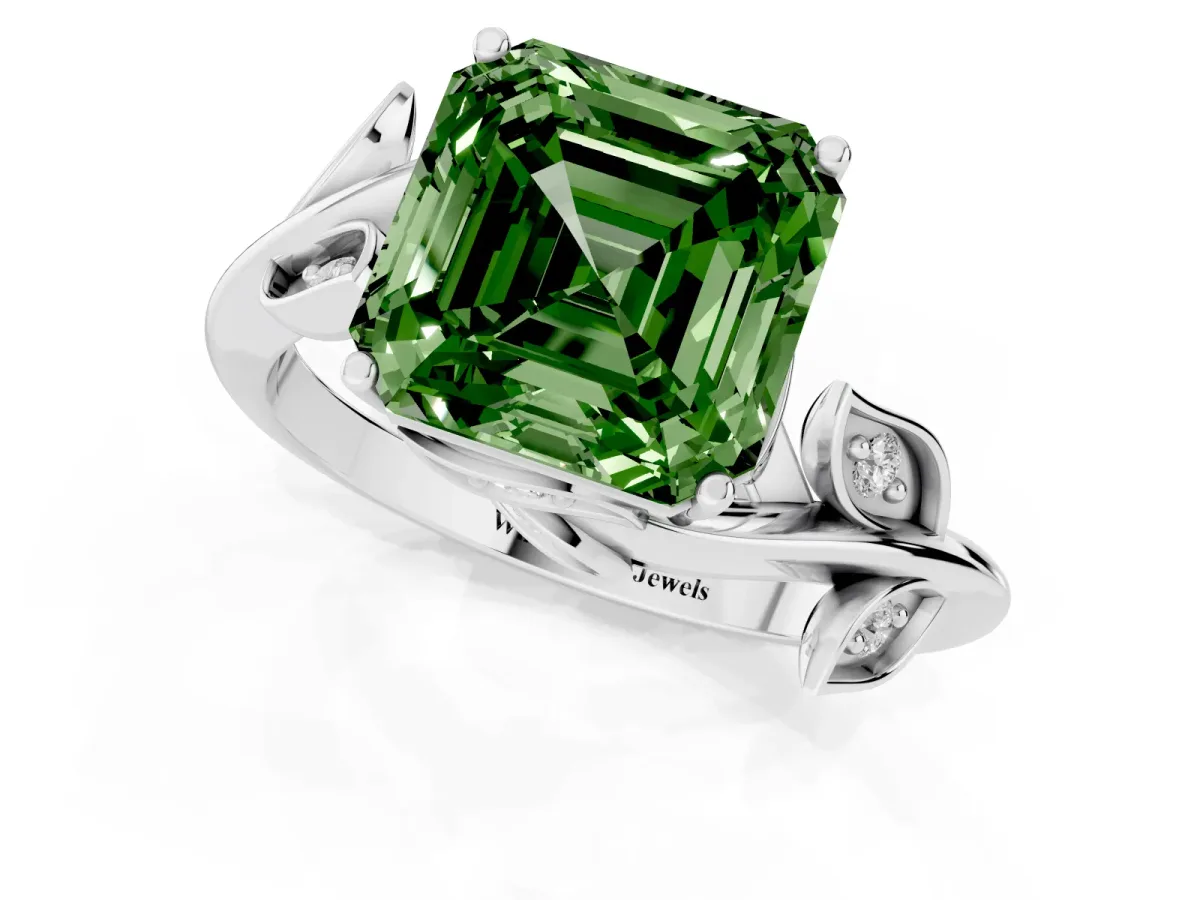 Fancy Green Asscher Cut Solitaire Twist Engagement Ring with Leaf Accents and Prong Setting Silver