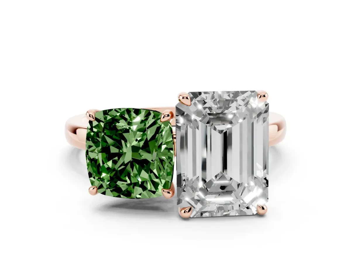 Fancy Green Cushion Cut and Emerald Cut Toi Moi Ring with Prong Setting Rose gold