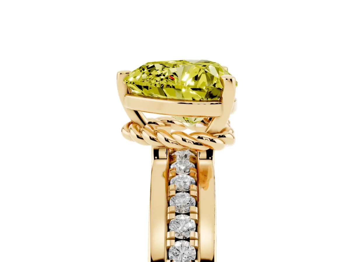 Fancy Yellow Heart Cut Solitaire Diamond Ring with Channel Set Band and Six-Prong Setting Yellow gold