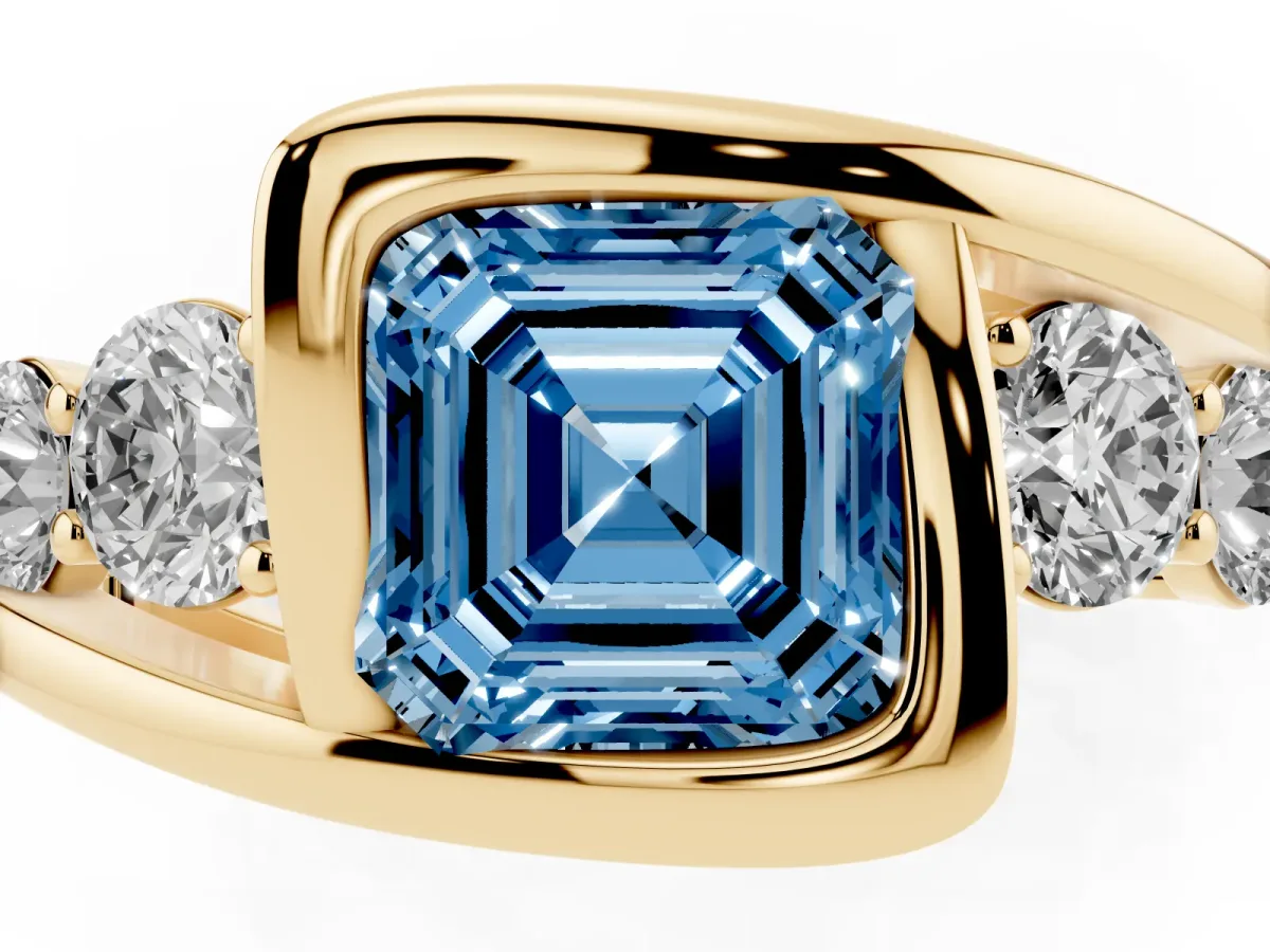 Fancy Blue Bezel Set Asscher Cut Diamond Bypass Ring with Round Accents Yellow gold