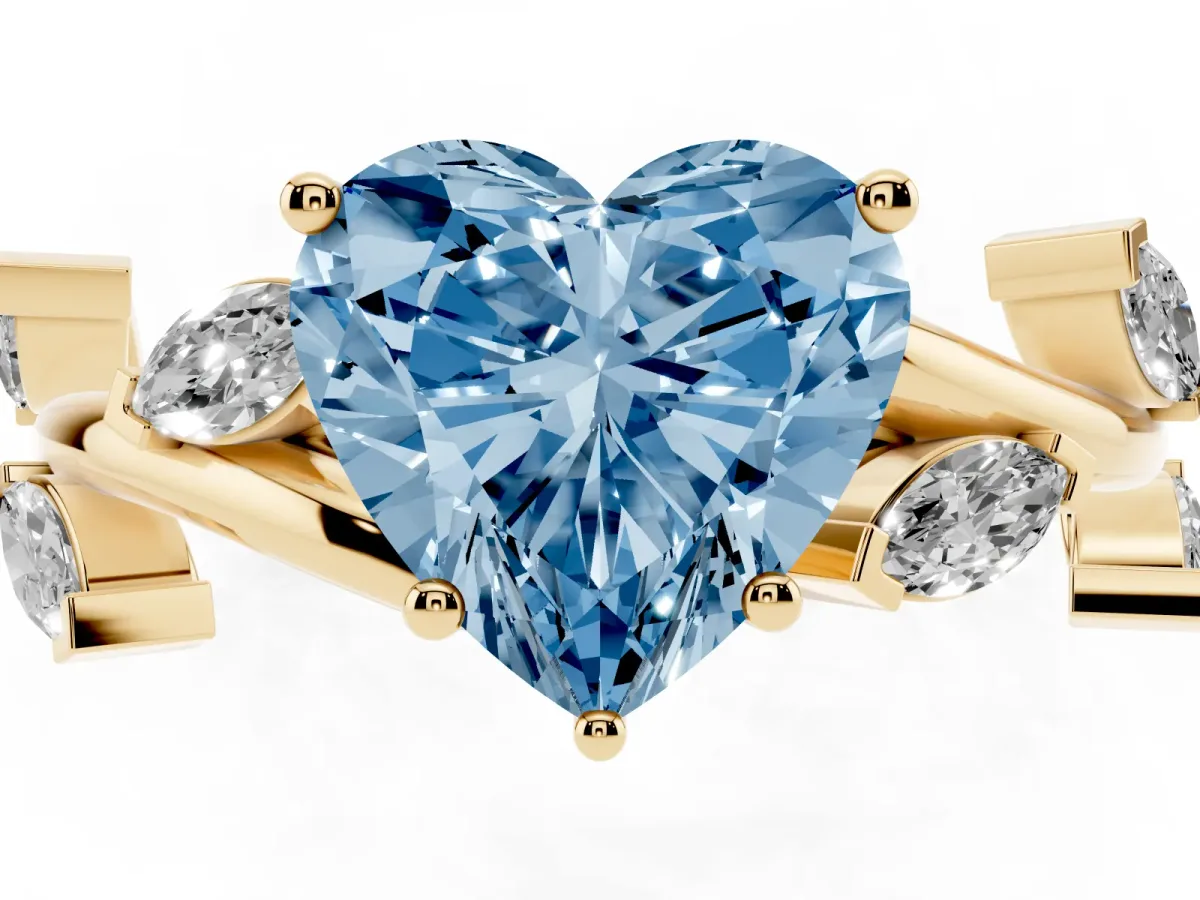 Fancy Blue Heart Cut Solitaire Twisted Band Marquise Accent Prong Setting Ring Yellow gold