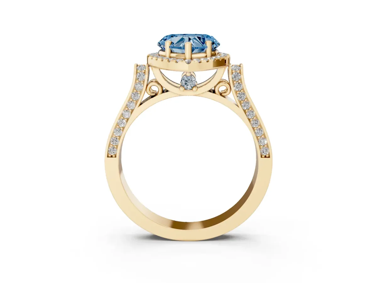 Fancy Blue Heart Cut Halo Round Diamond Twist Band with Four-Prong Setting Yellow gold