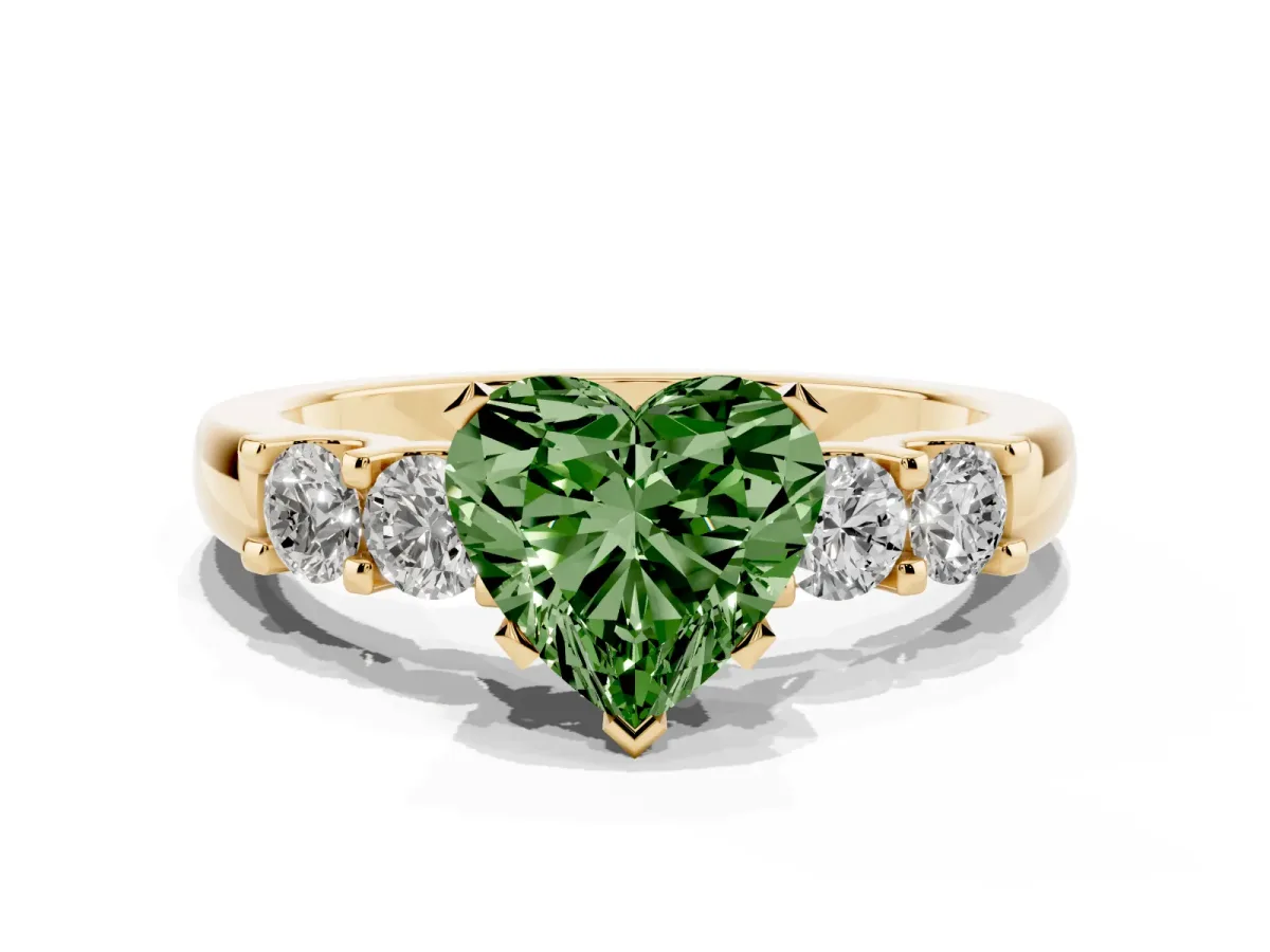 Fancy Green Heart Cut Brilliant Cut Diamond Five-Stone Prong Set Engagement Ring with Channel Band Yellow gold