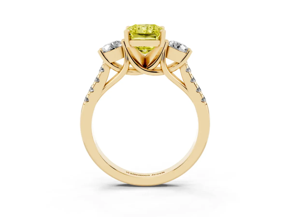 Fancy Yellow Three-Stone Radiant Cut Diamond Pavé Band with Four-Prong Setting Yellow gold