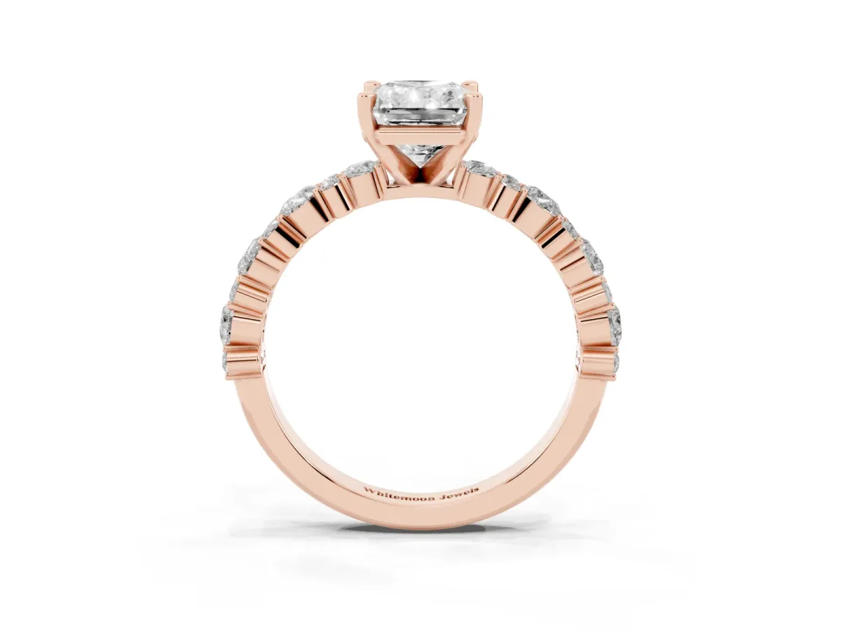 Radiant Cut Diamond Side Stone Solitaire Ring with Round and Four-Prong Setting Rose gold