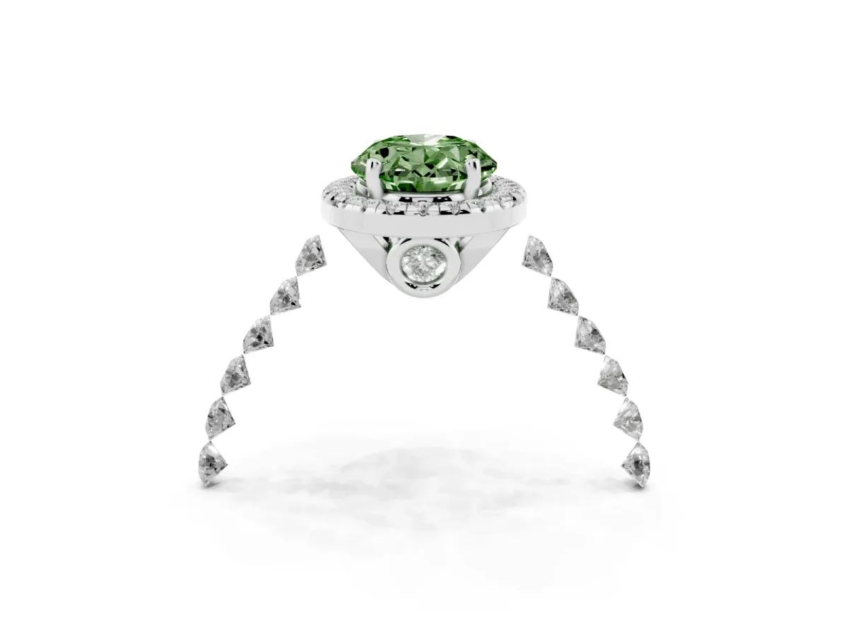 Fancy Green Oval Cut Halo Pavé Diamond Engagement Ring with Four-Prong Setting Silver