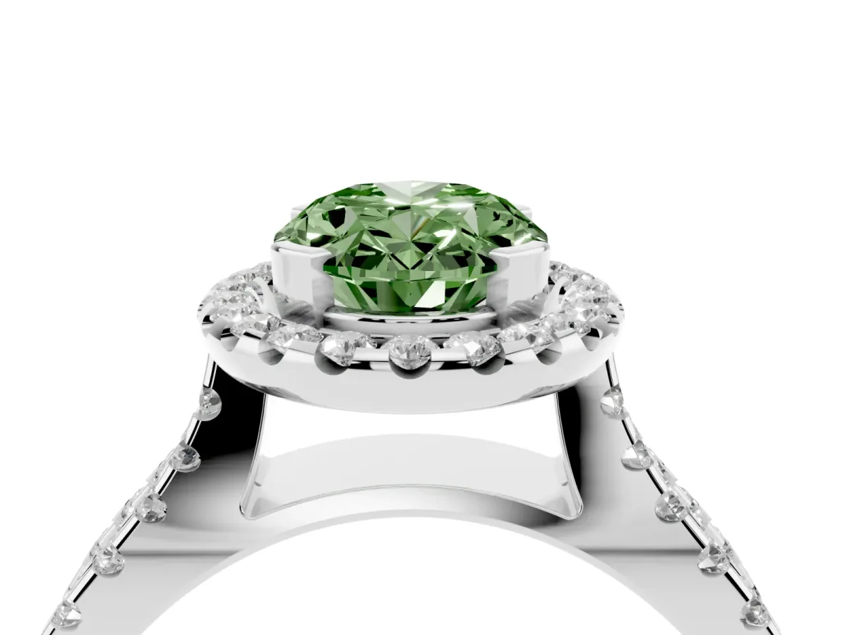 Fancy Green Oval Cut Diamond Halo Ring with Split Shank Pavé Band and Prong Setting Silver