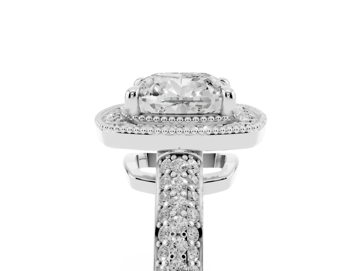 Cushion Cut Cut Halo Diamond Pave Band with Four-Prong Setting Silver