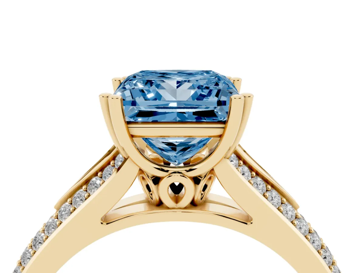 Fancy Blue Princess Cut Diamond Split Shank Engagement Ring with Pavé Band Yellow gold