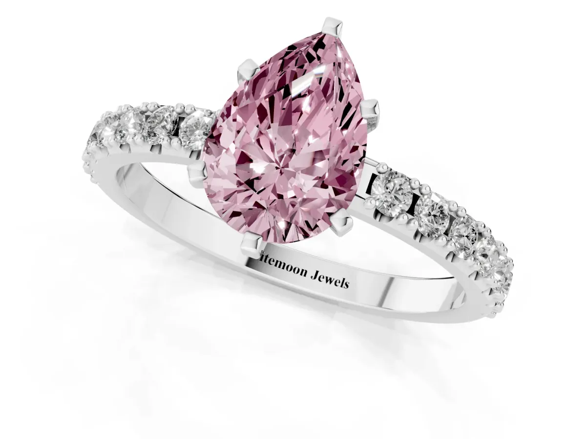 Fancy Pink Pear Cut Diamond Solitaire Pavé Band with Four-Prong Setting Silver