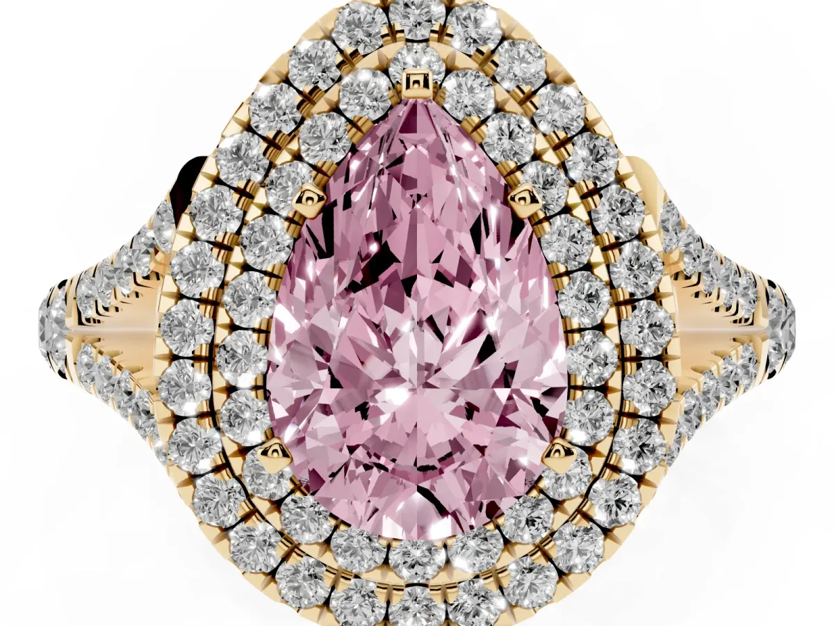 Fancy Pink Pear Cut Cut Double Halo Split Shank Diamond Ring with Prong Setting Yellow gold