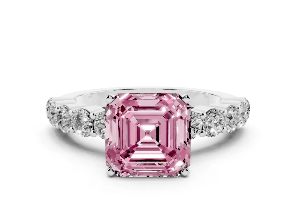 Fancy Pink Asscher Cut Diamond Solitaire Ring with Shared Prong Round Side Stones White gold