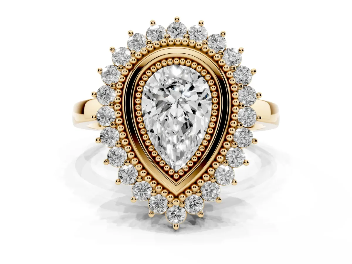 Pear Cut Halo Diamond Ring with Milgrain Edge and Round Prong Setting Yellow gold
