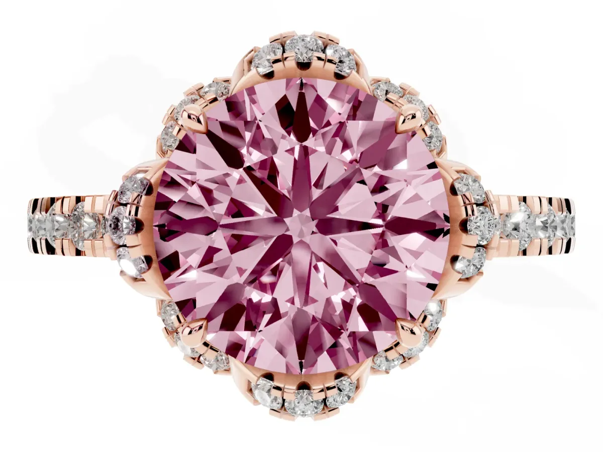 Fancy Pink Round Cut Diamond Halo Pave Band with Four-Prong Setting Rose gold
