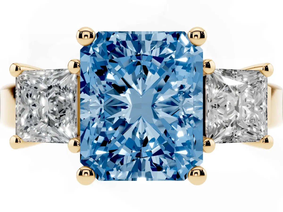 Fancy Blue Three-Stone Radiant Cut Cut Solitaire Ring with Prong Setting Yellow gold