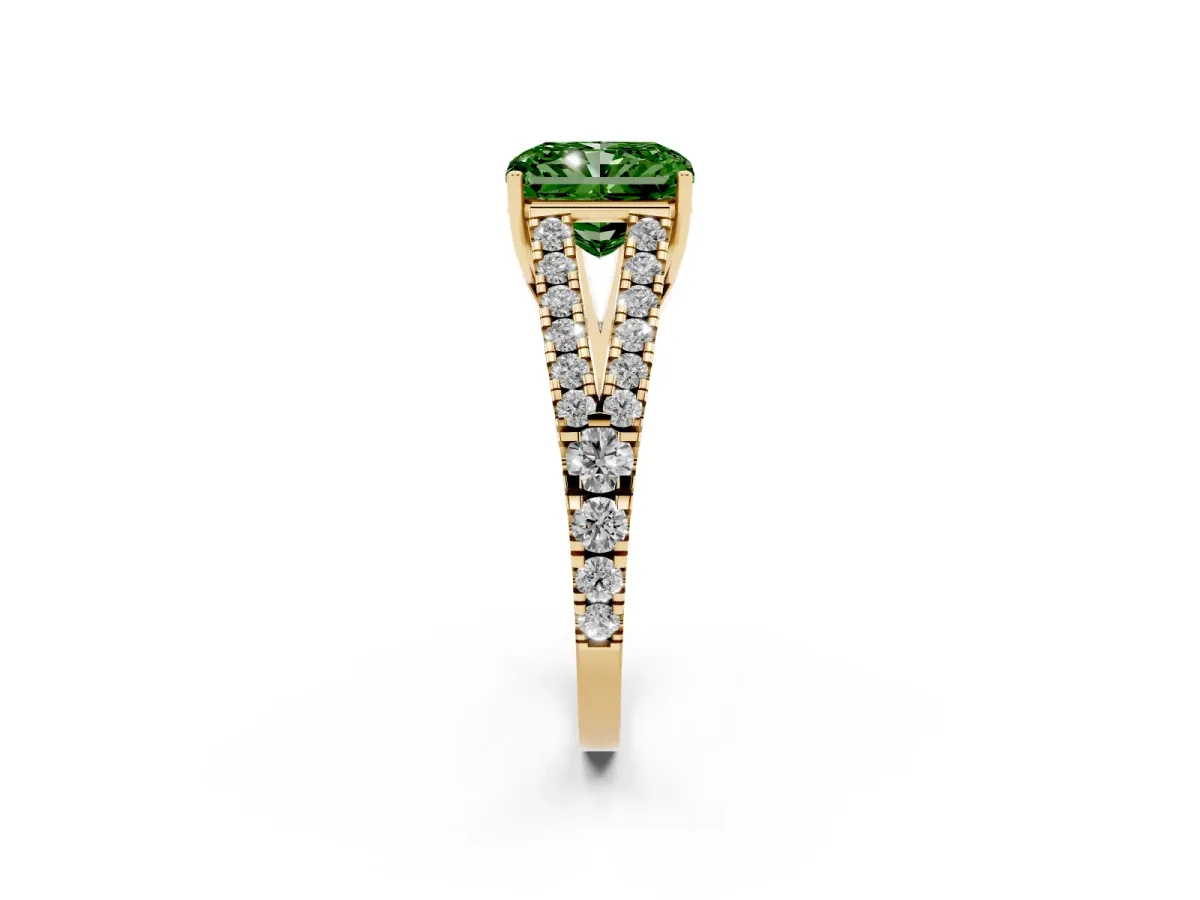 Fancy Green Radiant Cut Diamond Split Shank Engagement Ring with Round Pavé and Prong Setting Yellow gold