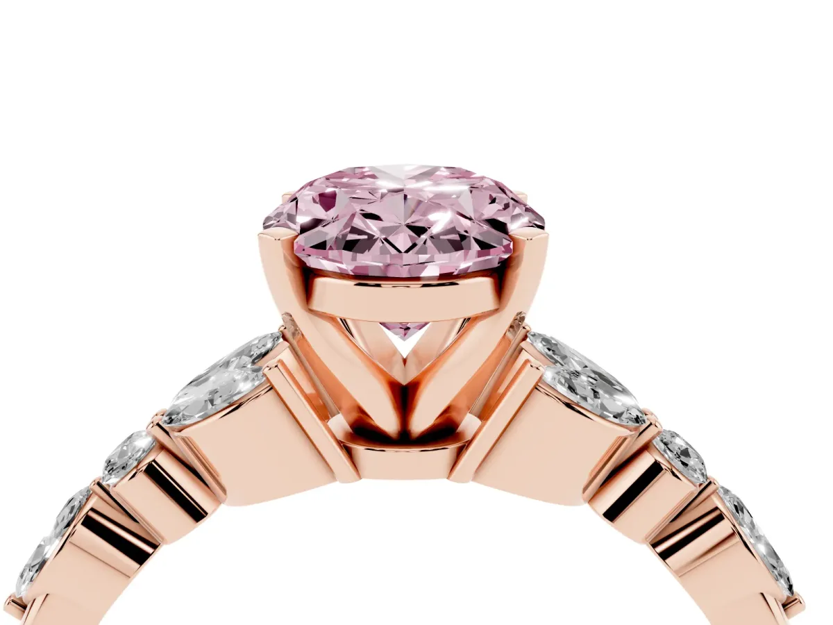 Fancy Pink Oval Cut Diamond Solitaire Ring with Side Stones and Four-Prong Setting Rose gold
