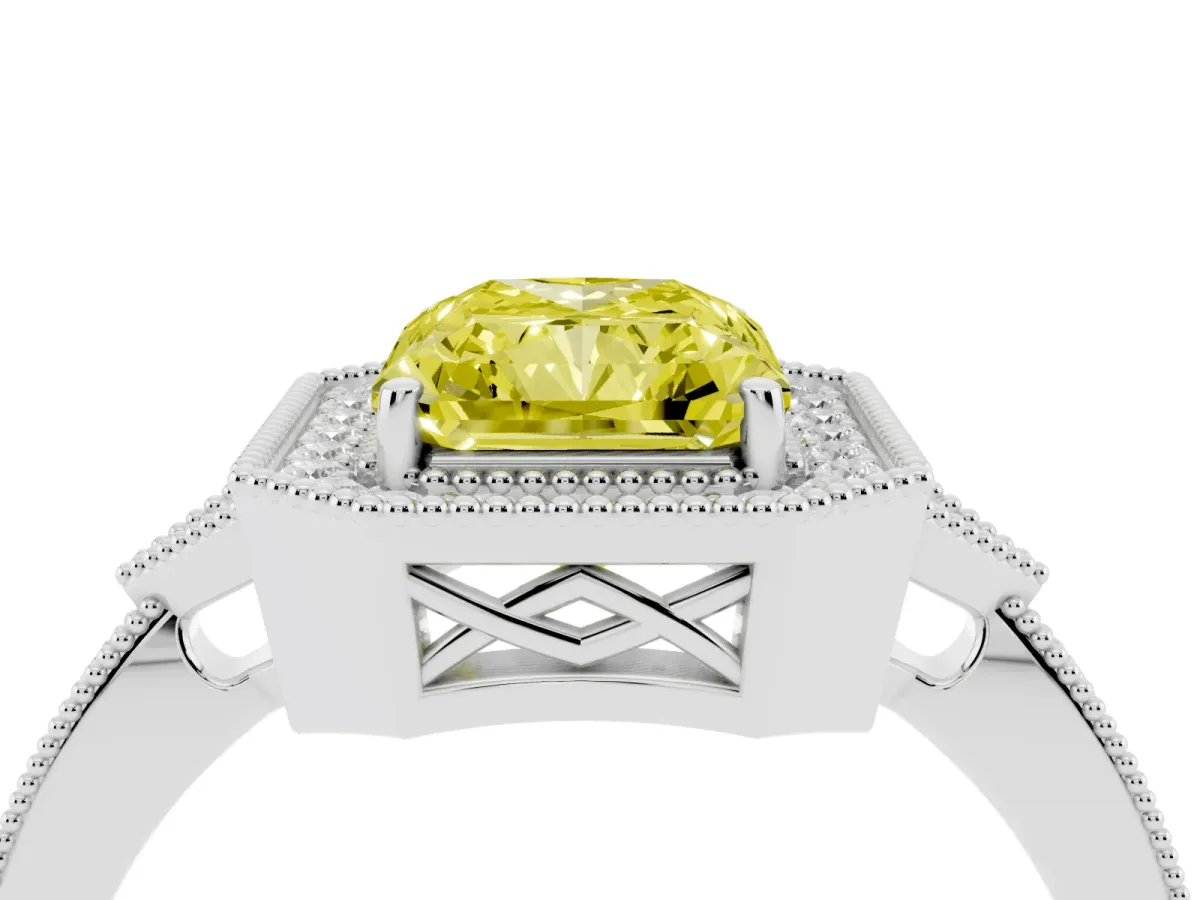 Fancy Yellow Radiant Cut Halo Round Diamond Milgrain Pave Engagement Ring Platinum