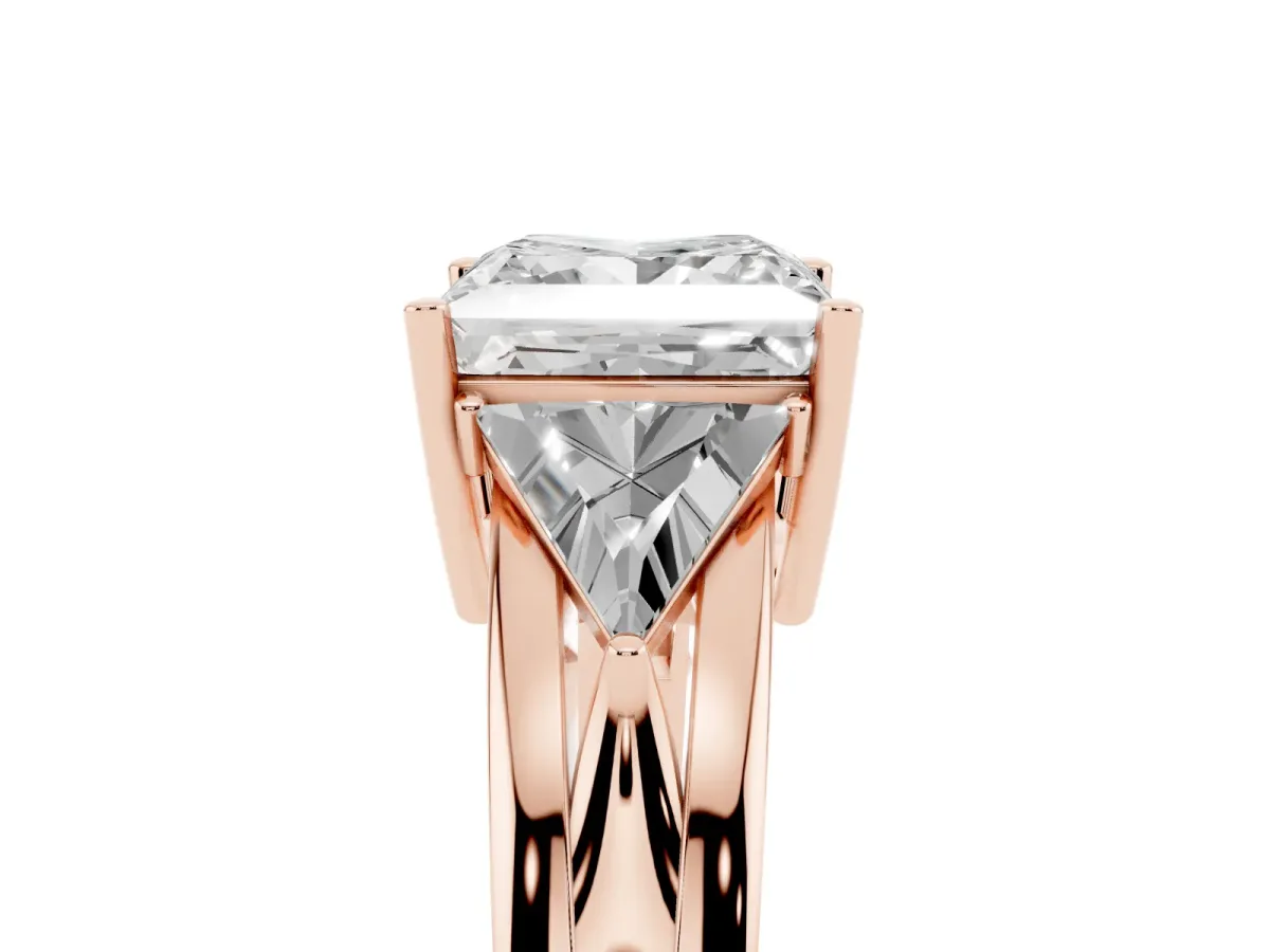 Three-Stone Princess Cut Cut Diamond Ring with Trillion Side Stones on a Split Shank Band Rose gold