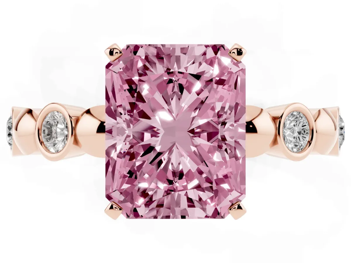 Fancy Pink Radiant Cut Solitaire Bezel-Set Diamond Ring with Beaded Band and Four-Prong Setting Rose gold
