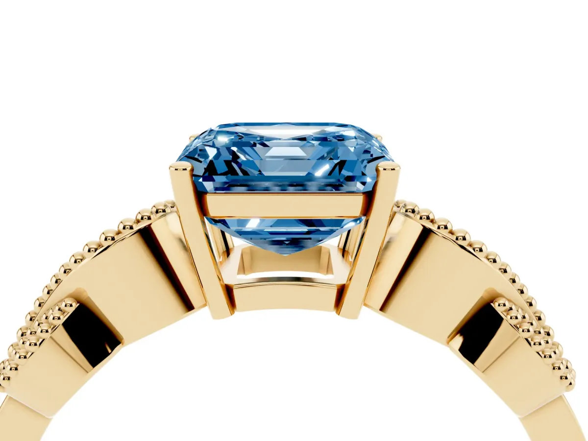 Fancy Blue Asscher Cut Solitaire Milgrain Leaf Band with Prong Setting Yellow gold