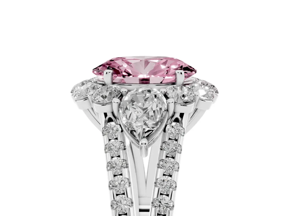 Fancy Pink Oval Cut Halo Split Shank Diamond Engagement Ring with Prong Setting Platinum