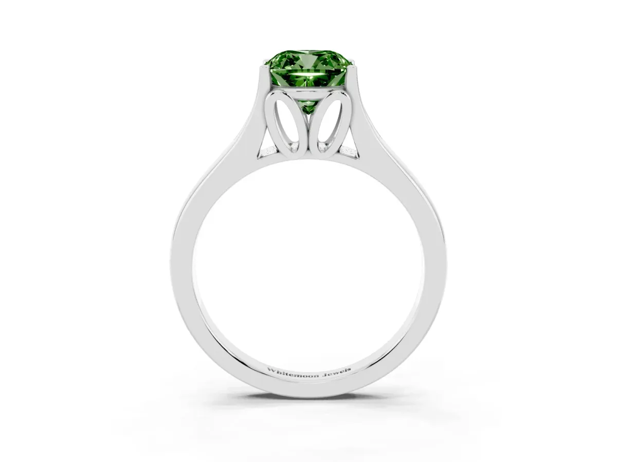 Fancy Green Cushion Cut Solitaire Diamond Ring with Cathedral Band and Four-Prong Setting Silver