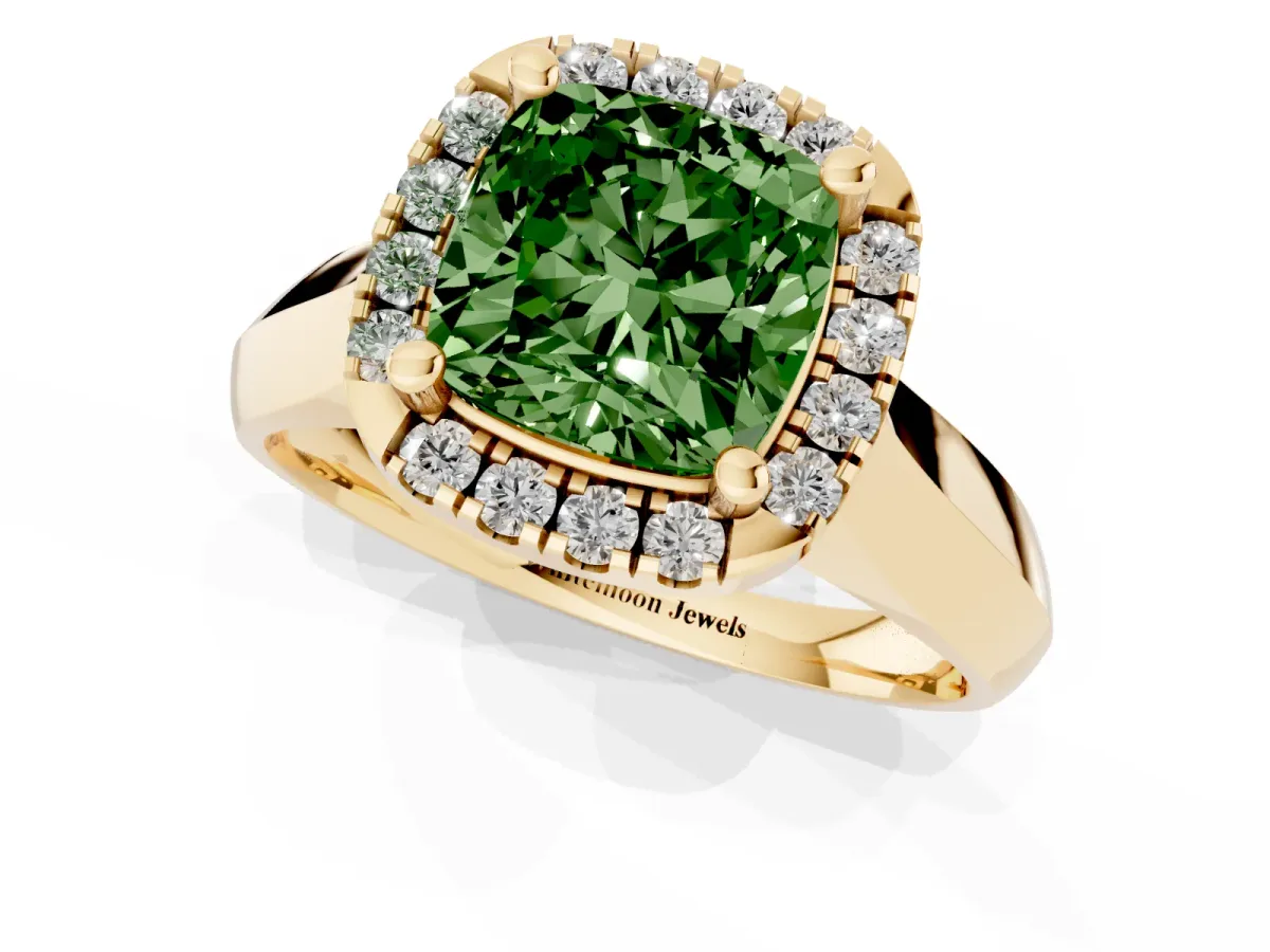 Fancy Green Cushion Cut Cut Halo Solitaire Engagement Ring with Square Band and Four-Prong Setting Yellow gold